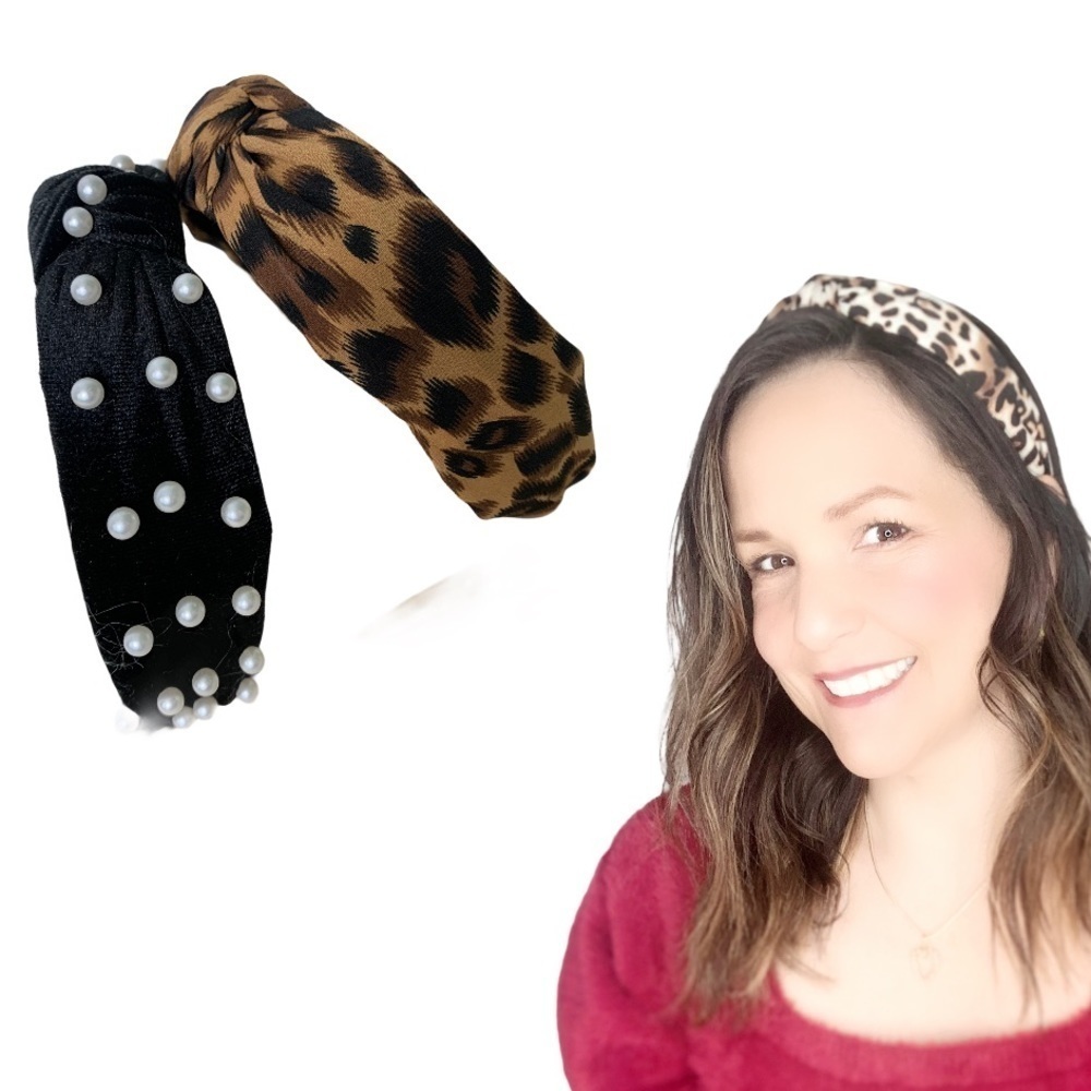 Knotted Headbands Leopard Print and Pearl Pair